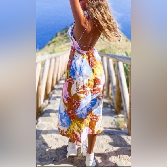 Zara Tropical print midi dress V-neck dress Front slit Open back multi color sun - Picture 5 of 7